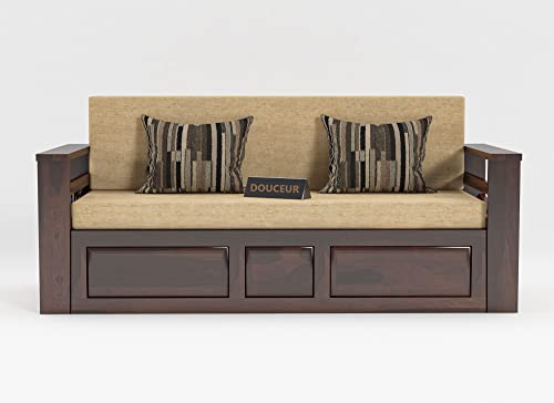 Image of Douceur Furnitures Solid Sheesham Wood Wooden Frame Three 3 Seater Sofa Cum Bed for Living Room,Hotels,Apartment & Hall | Finish Color - Walnut Finish | Cushion:-Beige