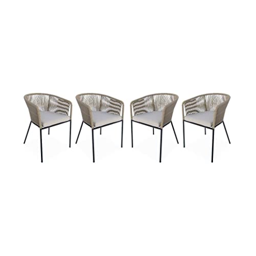 Alice's Garden - Lot de 4 fauteuils de Jardin en Corde Beige et Acier galvanisé. Coussin Beige
