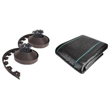 VOUNOT Bordo Giardino Flessibile, Bordi Aiuole Plastica, con 60 Chiodi di Fissaggio & Telo Pacciamatura 2m x 10m 100g/m2, Telo Anti Erbacce per Orto, Giardino, Stabilizzazione UV, Nero