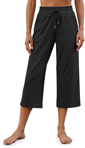 G4Free Comfortable Yoga Capris Wide Leg Pants Summer Crop Pant for Women Casual Lounge Pants(Black,L,22")