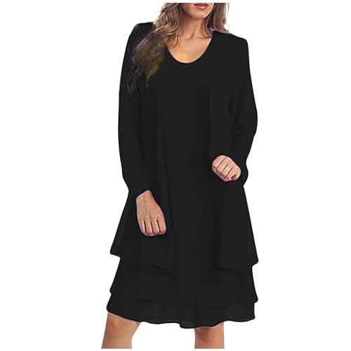 NaRHbrg Women's Two Piece Dress Set Chiffon Layered Jacket and Sleeveless  Dress Elegant Work Party Dresses Black at Amazon Women's Clothing store