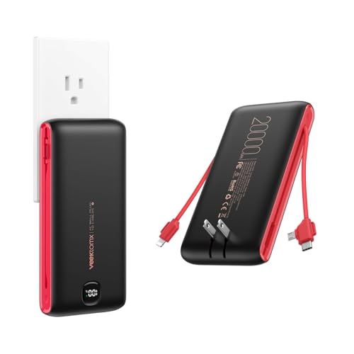 VEEKTOMX Portable Charger with Built in Cables 20000mAh Power Bank for iPhone with AC Wall Plug Fast Charging USB C Slim Battery Pack with LED Display Compatible with iPhone 17/16/15 Samsung