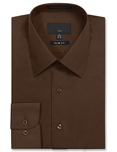 Allsense Men's Long Sleeve Slim Fit Solid Dress Shirt 15-15.5 N : 32-33 S Brown