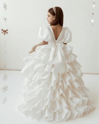 Puff Sleeve Flower Girl Dress with Bow Knot High Low Tiered Tulle First Communion Dresses Organza Ball Gown for Girls4