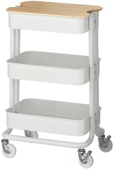 3-Tier Rolling Utility Cart with Bamboo Lid – Metal Storage Trolley with Locking Wheels, for Kitchen, Home Office, or Craft Room – White, 11 x 15 x 24 Inches