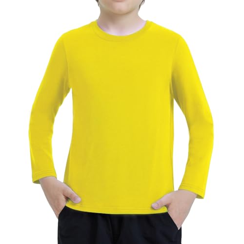 Ewbob Kids Cotton Plain Long Sleeve T-Shirt Lightweight T Shirt Boys Girls Breathable Tee Tops for Children Classic Casual Unisex Shirts for Age 3-14 Years(C21-Yellow-9-10Y)