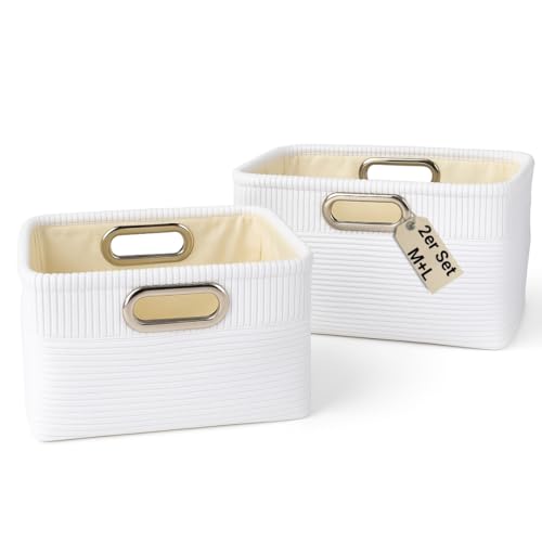 Juego de 2 cajas de almacenamiento (M+L) de tela de pana – Cesta plegable en color blanco – Organizador para cambiador, armario, habitación de los niños y juguetes – Cajas de tela de alta calidad para