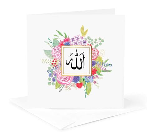 3dRose Floral Name of Allah in Arabic Muslim Pretty Watercolor Pink Flowers - Greeting Card, 6 by 6-inch (gc_316545_5)