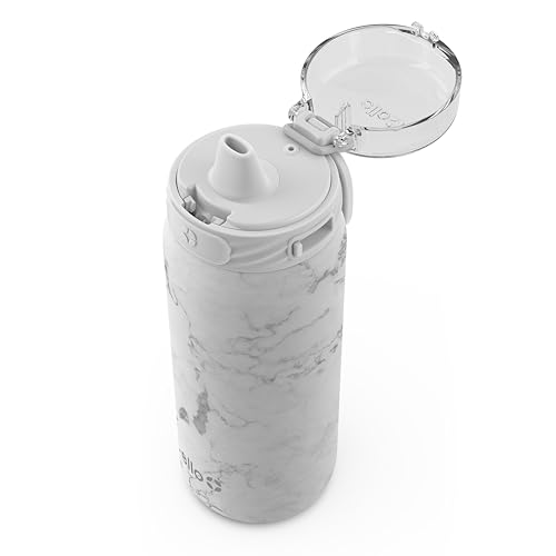 Image of Ello Cooper 18oz Stainless Steel Water Bottle with Straw and Carry Handle, Double Walled and Vacuum Insulated Metal, Leak Proof Locking Lid with Soft Silicone Spout, Reusable, BPA Free, White Marble