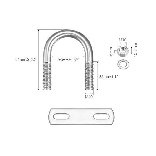 Image of uxcell Round U-Bolts, 2 Sets 35mm(1.38 inch) Inner Width 64mm Length M10 304 Stainless Steel U Clamp Bolt with Nuts Washers and Plates, for Boat Trailer