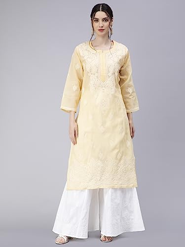 Image of Seva Chikan Hand Embroidered Lucknowi Chikankari Cotton Kurta Kurti for Women SCL4316