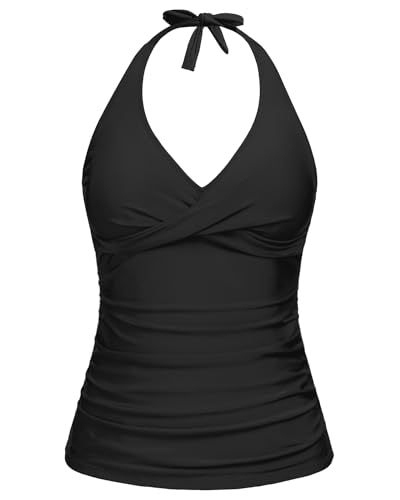 Tempt Me Women's Black Tankini Top Halter Tummy Control Swim Tops Only Twist Front V Neck Bathing Suit No Bottom M