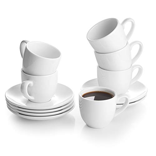 LIFVER Porcelain Espresso Cups and Saucers, 3 Ounce Demitasse Cups for Tea, Cappuccino, Latte, Café and Mocha - Set of 6, White