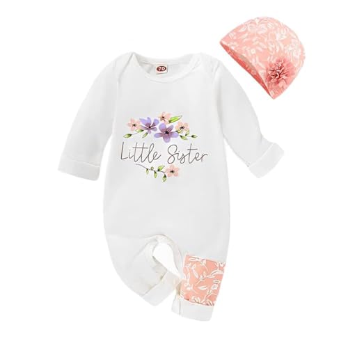 TERRIFI Baby Girl Clothes, Newborn Baby Girl Little Sister Onesie Romper Bodysuit with Floral Hat, Adorable Infant Floral Overall Sleepsuit, Fits 6-9 Months, Cute Baby Outfit Set