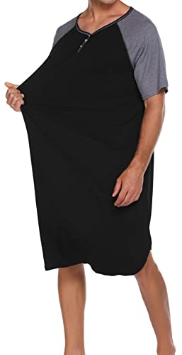ASHER FASHION Mens Nightgown Henley Y-Neck Night Shirt for Sleeping Short Sleeve Loose Kaftan Sleepwear with Pockets2