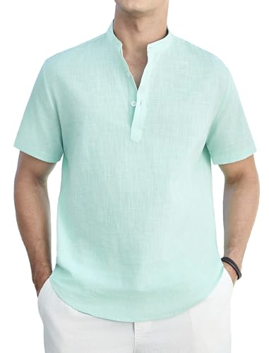 Enlision Camisa de Lino Hombre Manga Corta Cuello Mao Camisas Verano para Hombres Casual Ibicenca Ropa Camisetas con Botónes Tops Verde Menta L