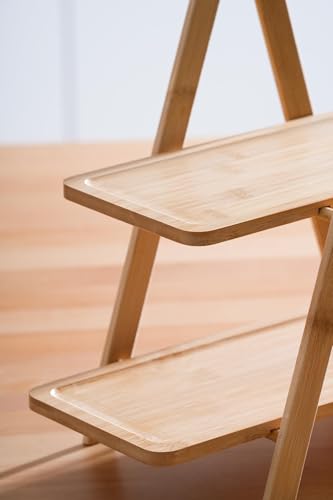 Image of Curated Cart Wooden 2 Tier Serving Tray Stand for Food & Decor - Rectangular Farmhouse Tiered Platters for Cupcakes, Snacks, Charcuterie, Parties & Kitchen Display - Bamboo Look