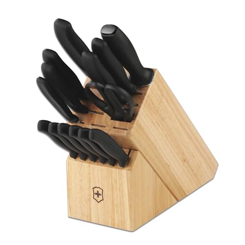 Victorinox Swiss Classic Knife Block - Kitchen Knife Set with Block for Home Essentials - Includes Chef's Knife, Santoku Knife & More - Black Handles, 15-Piece Set