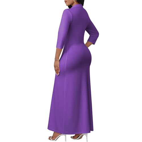 Image of PinkPatty Women's Casual 3 /4 Sleeve Polo V Neck Bodycon Maxi Dress | Semi formal, modest style, long fitted, versatile for church, work, business, office and daily wear