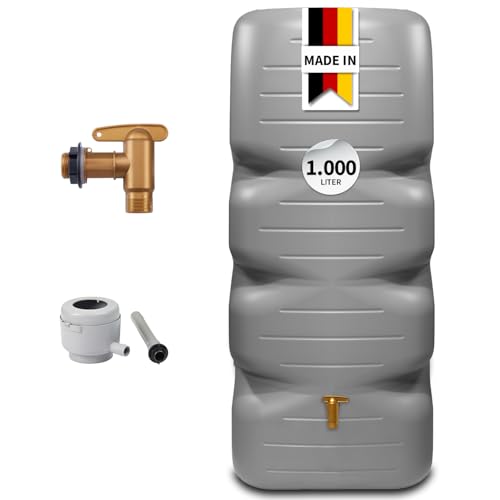 CUBUS Regentonne Komplett-Set 1000 L betongrau Regenfass/Wassertank für Garten Frostsichere Regenwassertonne in Betonoptik Robustes Wasserfass zur Regenwassersammlung
