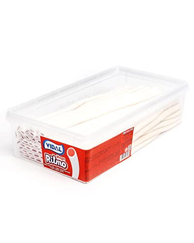 Vidal Golosinas Mega Ritmo. Regaliz relleno tamaño XL con intenso sabor a Fresa-Nata. Color blanco y su interior rojo. Bandeja 70 unidades.