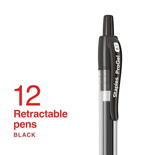 Image of STAPLES Retractable Gel Pens, Fine Point 0.7mm, Black Ink, 12 Pack - ProGel Ergonomic Pens with Quick‑Dry Ink for Office & School