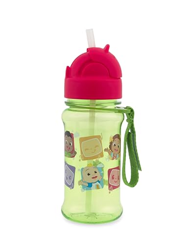 Image of Skip Hop x CoComelon Toddler Sippy Cup with Straw Holds 12oz. BPA-Free & PVC-Free, Tritan Renew Kids Reusable Water Bottle with Flip Straw & Grab-Strap, Age 12m+