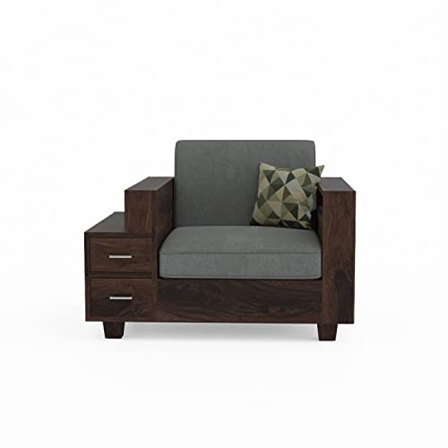 Image of Solid Sheesham Wood Sofa Set 1 Seater, Sofa Sets for Living Room, One Seater Sofa Set with Attached End Table, 2 Drawer Storage, Walnut Finish
