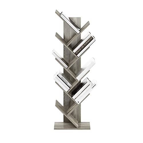 Image of Furinno TREE Book Shelf, 9-Tier Bookshelf, Tree Bookcase with Angled Open Shelf, 8.4 x 15.7 x 50.9, Corner Shelf for Room Decor, for Living Room, Bedroom, Home Office, French Oak