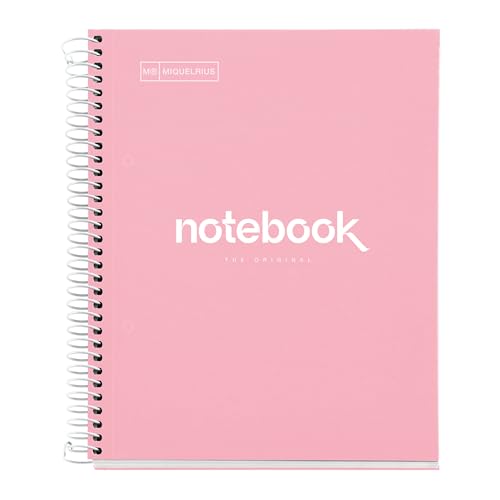 Miquelrius   Cuaderno A5, Notebook Emotions, 80 Hojas de 90 g/m², Rayado Horizontal 7 mm, 1 Franja de Color, Espiral Microperforado, Libreta Rayada, Tapa Extra Rígida, 2 Taladros, Rosa