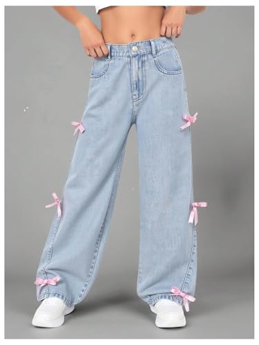 MakeMeChic Girl's Bowknot Jeans Elastic Waist Wide Leg Cute Y2k Denim Pants4