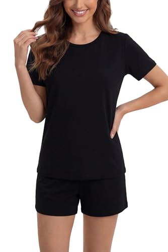 Image of LUBOT Pajamas for Women Set Bamboo Viscose with Cotton Cooling Soft 2 Piece PJ Sets Short Sleeve Nightwear S-2XL