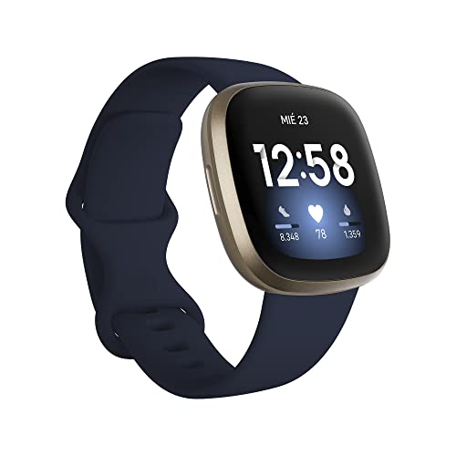 Fitbit Versa 3 ヘルス&フィットネス スマートウォッチ、6 か月間のプレミアム メンバーシップが含まれ、内蔵 GPS、毎日のレディネス スコア、最大 6 日以上のバッテリー、ミッドナイト / ソフト ゴールド