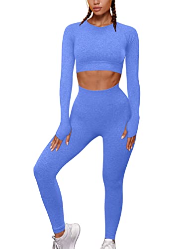 GXIN Conjunto de 2 piezas sin costuras para mujer, de manga larga, cintura alta, para yoga y gimnasio - azul - Medium Cover