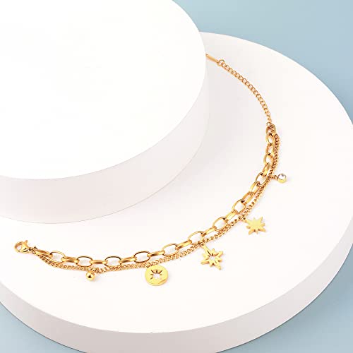 DASIQI Layered Bracelet for Women Girls Octagonal Stars Bezel-Set CZ Adjustable Chains (Gold, Stainless Steel) - Image 4