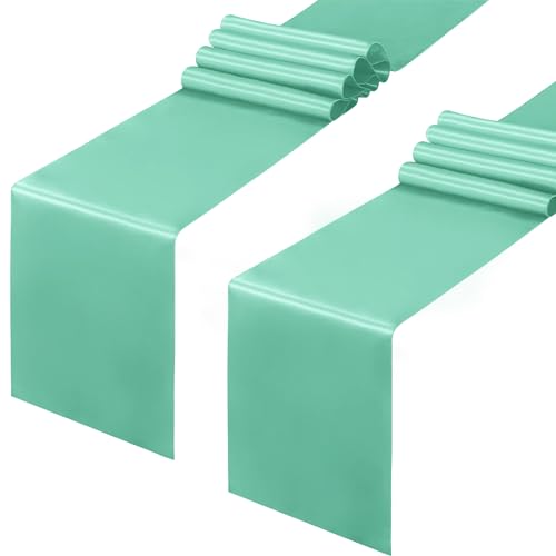 Image of Horbaunal 2 Pack Aqua Satin Table Runner 12 x 108 Inch, Smooth Table Runners for Wedding Banquets Birthday Party
