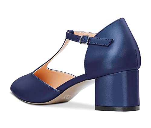 Aachcol Women Chunky Block Mid Low Heel Pumps Ankle Strap T-Strap Pointed Toe Dress Shoes Party Wedding Satin 2 Inch3
