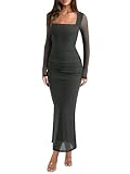 REORIA Long Sleeve Wedding Guest Maxi Dresses for Women Sheer Mesh Square Neck Ruched Bodycon Long Dress 2025 Fall Outfits Thyme Large
