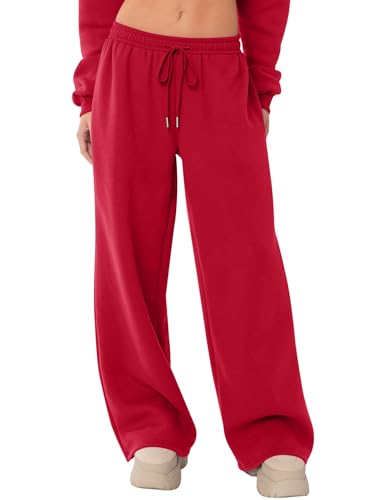 LOMON Womens Sweatpants Wide Leg Fleece Lined Sweat Pants Spring Winter Clothes 2026 Teen Girl Baggy Drawstring Joggers with Pockets (Red XS)