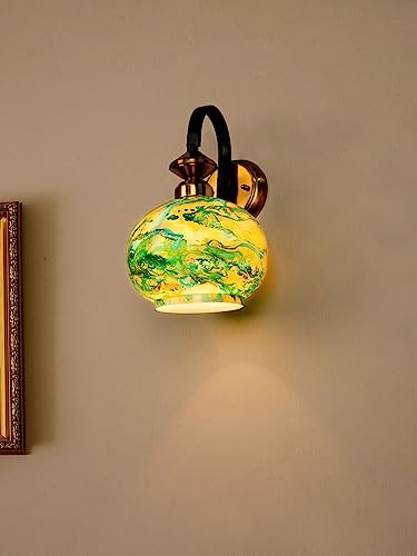 Image of HL Home Lighting Black Gold Finish Steel Single Wall Lamp with Green Marble Glass Globe