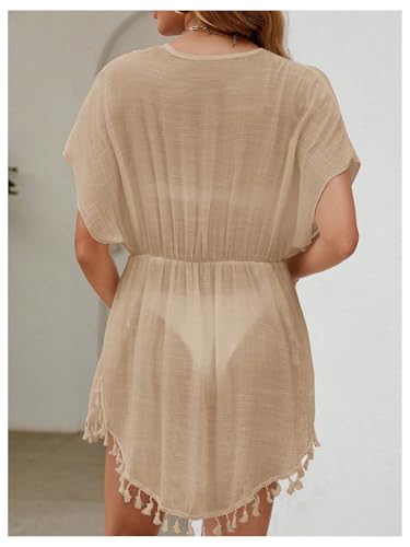 MakeMeChic Women's Tassel Trim Mesh Sheer Kimonos Deep V Neck Short Sleeve Swimsuit Cover Up2