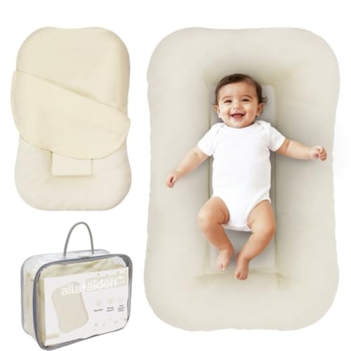 Image of Aila + Aiden Baby Lounger | Organic Cotton Infant Lounger | Adjustable & Portable Floor Lounger |Supervised Use | Soft, Breathable, Washable Cover - Snuggle Collection - (Tan)