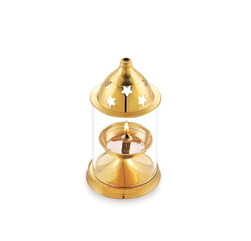 Image of Copper Brass AKHAND Diya with Glass Cover, Deepam Jyot Diya Oil Lamp- Golden Brass Diya for Festivals (Medium)
