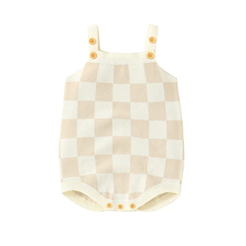 Image of Gueuusu Newborn Baby Girl Summer Clothes Checkerboard Plaid Print Sleeveless Knitted Bodysuit Romper One Piece Jumpsuit