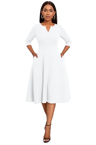 Nmoder Midi Dresses for Women A-Line Fit and Flare Dress 3/4 Sleeve V Neck Cocktail Wedding Guest Work Dress with Pockets3