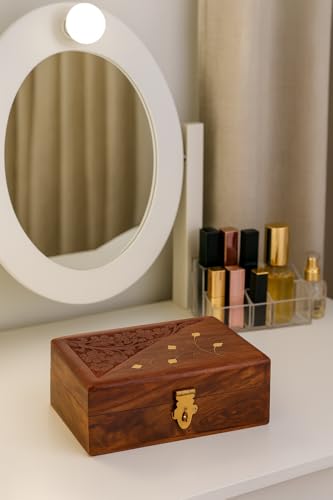 Image of Craft Expertise Wooden Jewelry Box with Brass Engraving Design | Handmade Wooden Jewellery Organizer Box for Rings, Earrings & Necklace Storage | Decorative Box for Women & Gift | 6 x 4 x 2.25 Inches