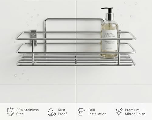 Image of USF 304 Stainless Steel Bathroom Shelf 3-in-1 Organizer Rack with Frosted Glass Soap Dish & Tumbler Holder, Wall Mounted Shelf for Bathroom & Kitchen, Space-Saving & Multipurpose Chrome Finish
