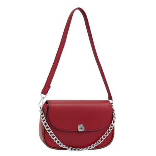 Bolsa Feminina Transversal Pequena Tiracolo Corrente Casual em Couro Sintético com Alça Transversal removível e ajustável, Compacta e Versátil para o Dia a Dia, Trabalho, Passeio, Noite (Vermelho)