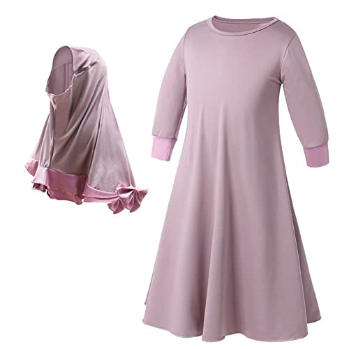 Girl Muslim Abaya Dress with Hijab Set Middle East Arabian Robe Ramadan Eid Dubai Islamic Prayer Clothes 1-14T