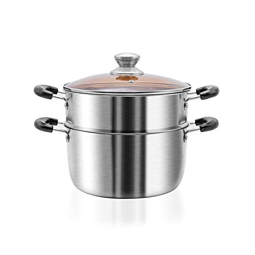 VENTION 2 Tier 304 Stainless Steel Steamer Pot with Steamer Insert and Vented Glass Lid 9 Quarts